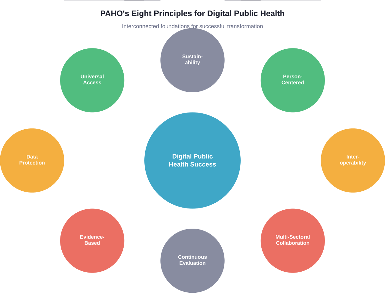 The eight guiding principles from PAHO for digital transformation in public health, showing how multiple foundational elements must work together to achieve successful, equitable outcomes.